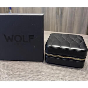 WOLF Caroline Zip Travel Jewelry Case Black Quilted Leather w/ Mirror, 329971